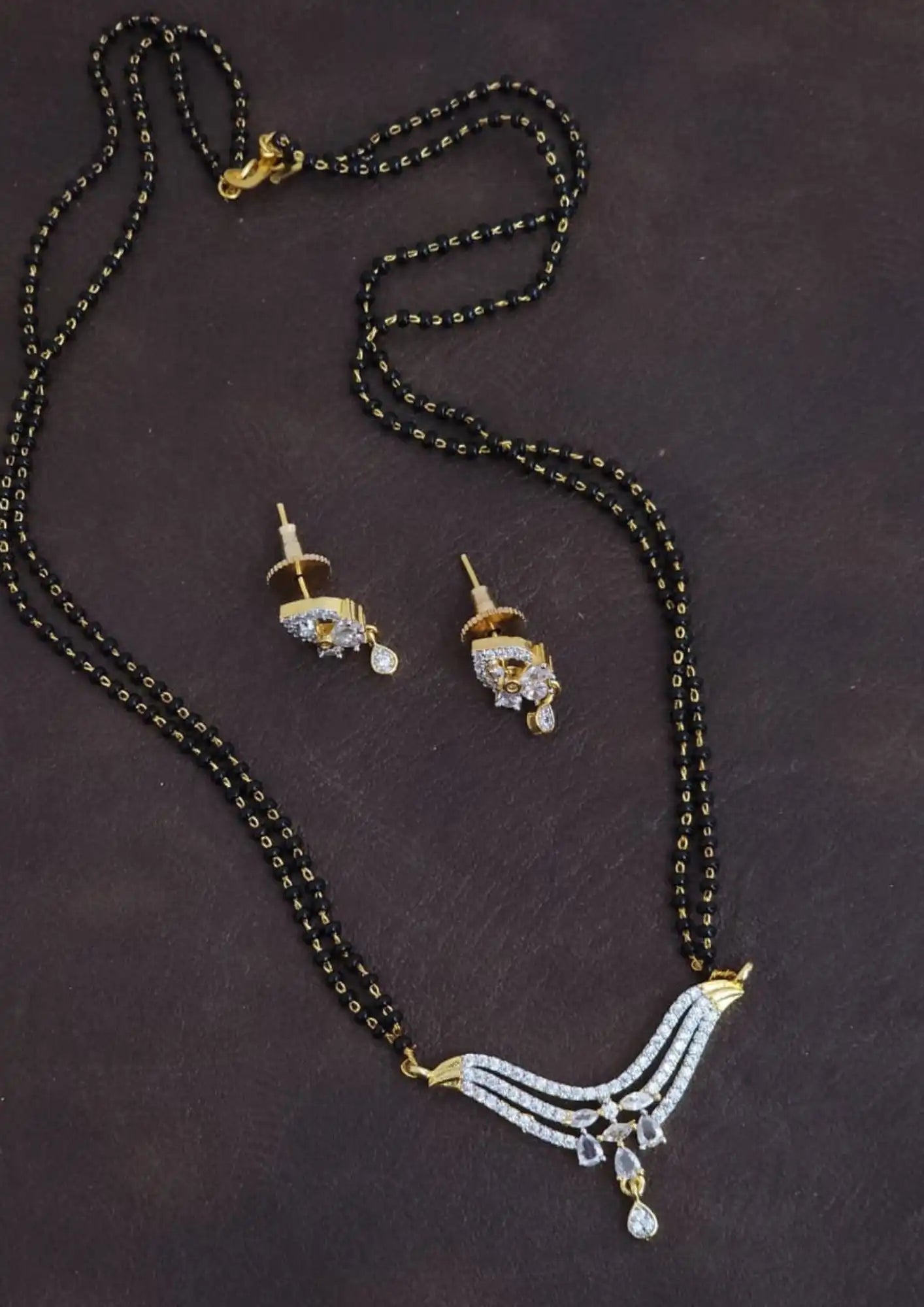 Pure Zirconian Diamond Gold Plated Mangalsutra With Earrings
