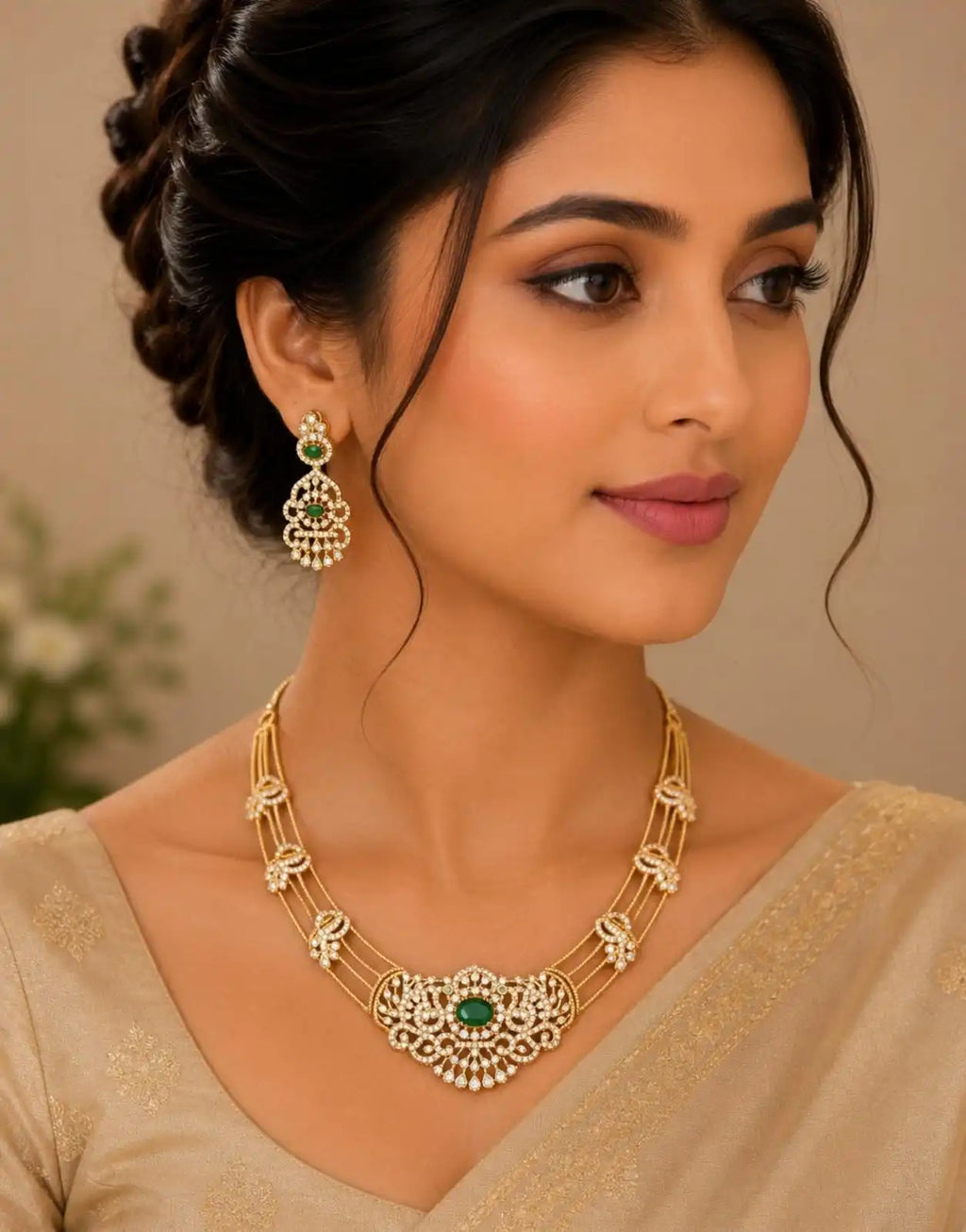 American diamond stone 18 k gold plated necklace with earrings