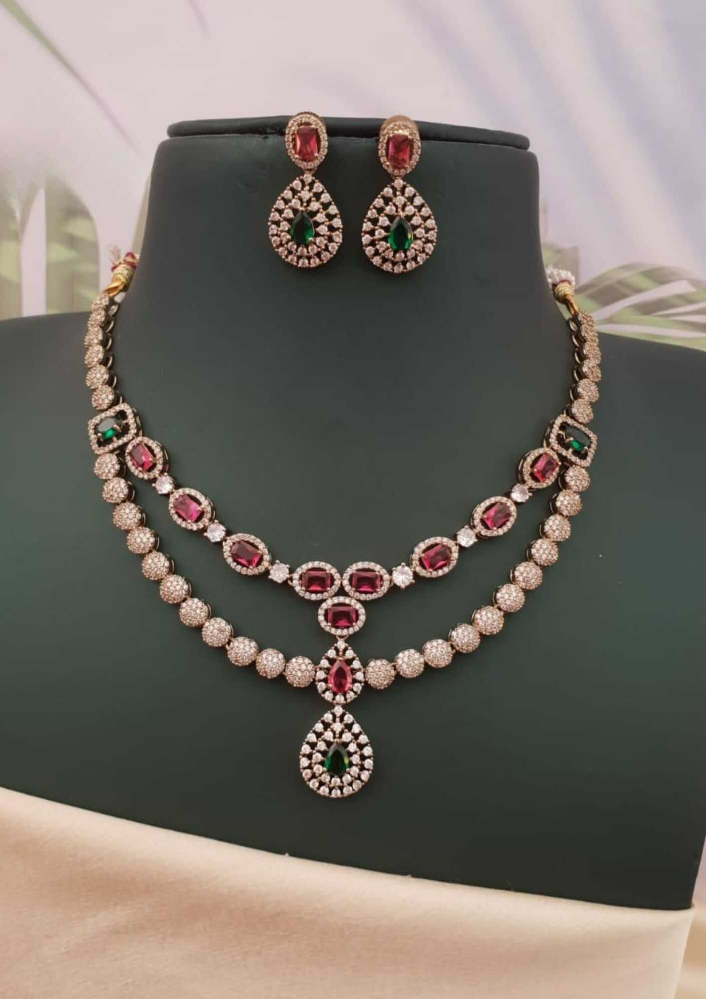 American diamond stones 18k gold plated necklace with earrings
