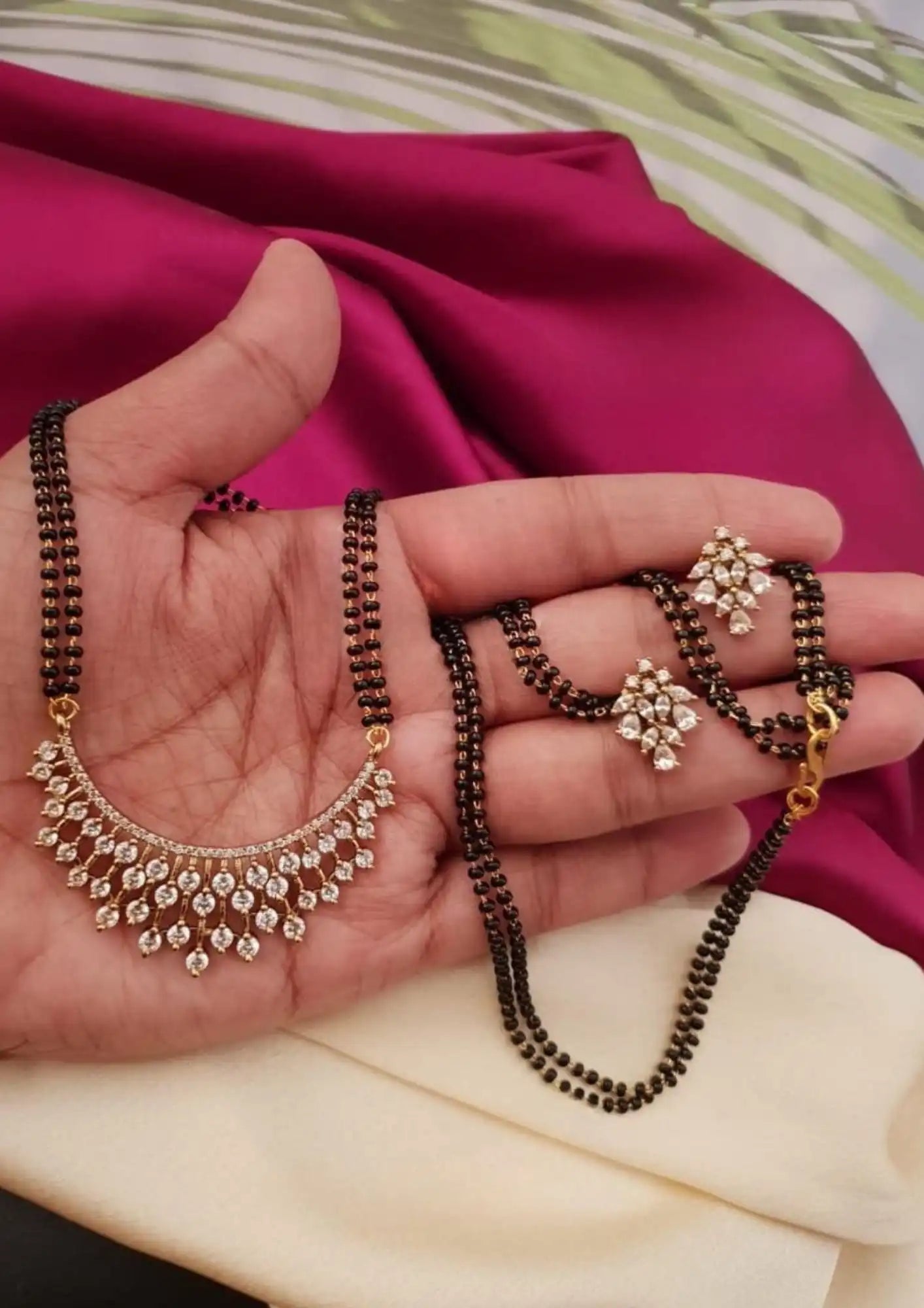 American diamond stones 18k gold platted black beads mangalsutra with earrings