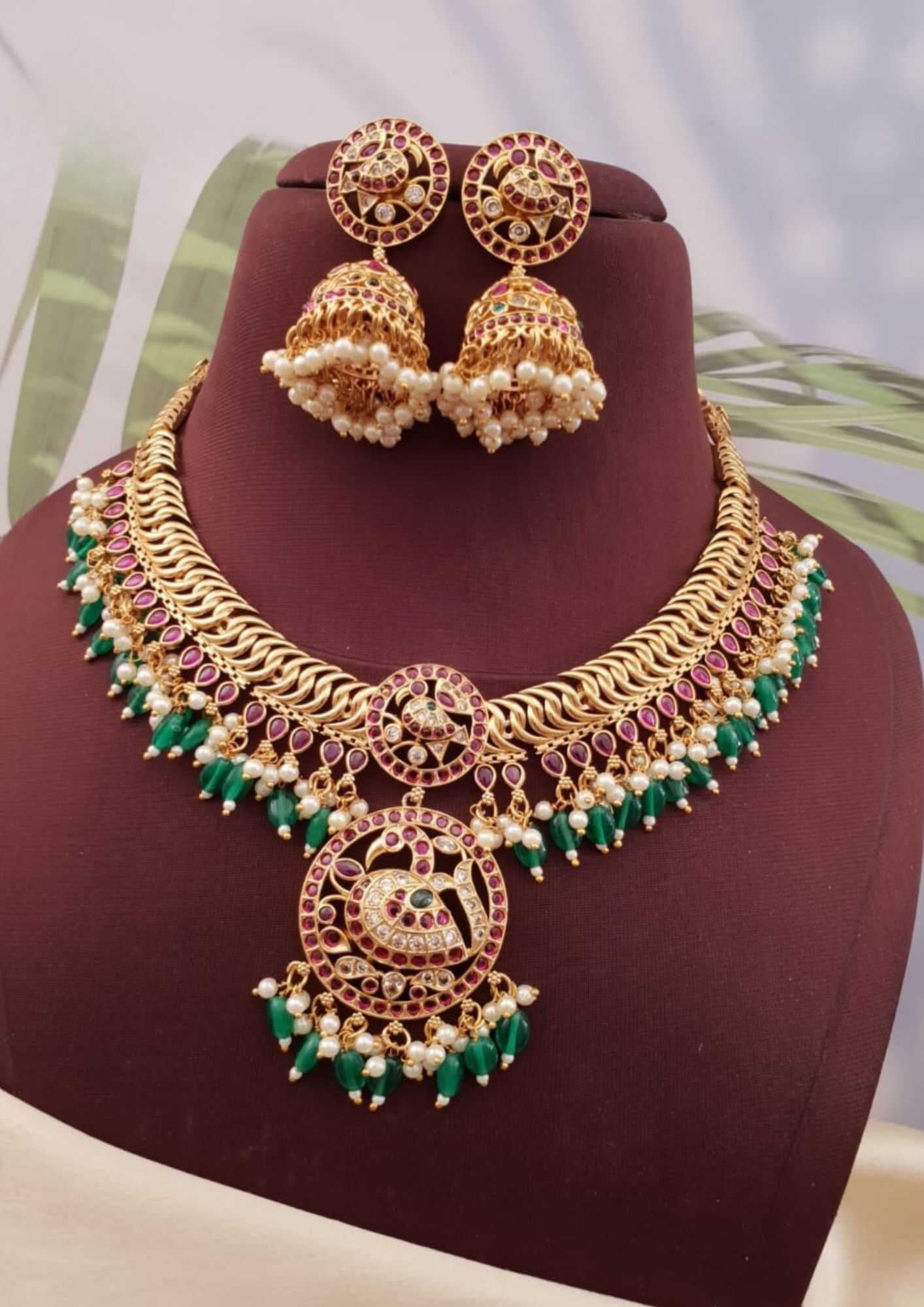 Kempu stone peacock design 18k gold platted necklace with earrings