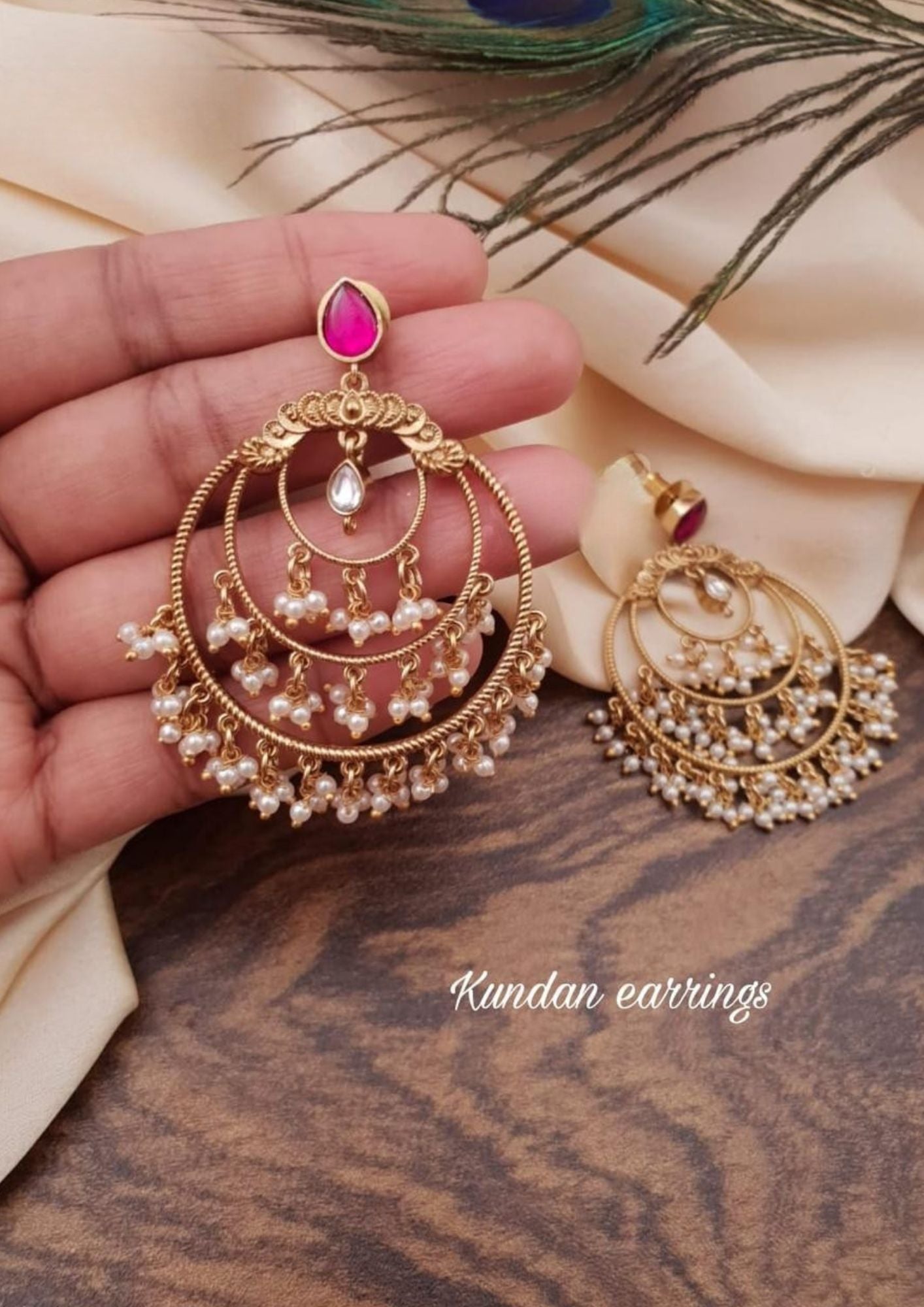 Kundan stone gold plated chandbali earrings