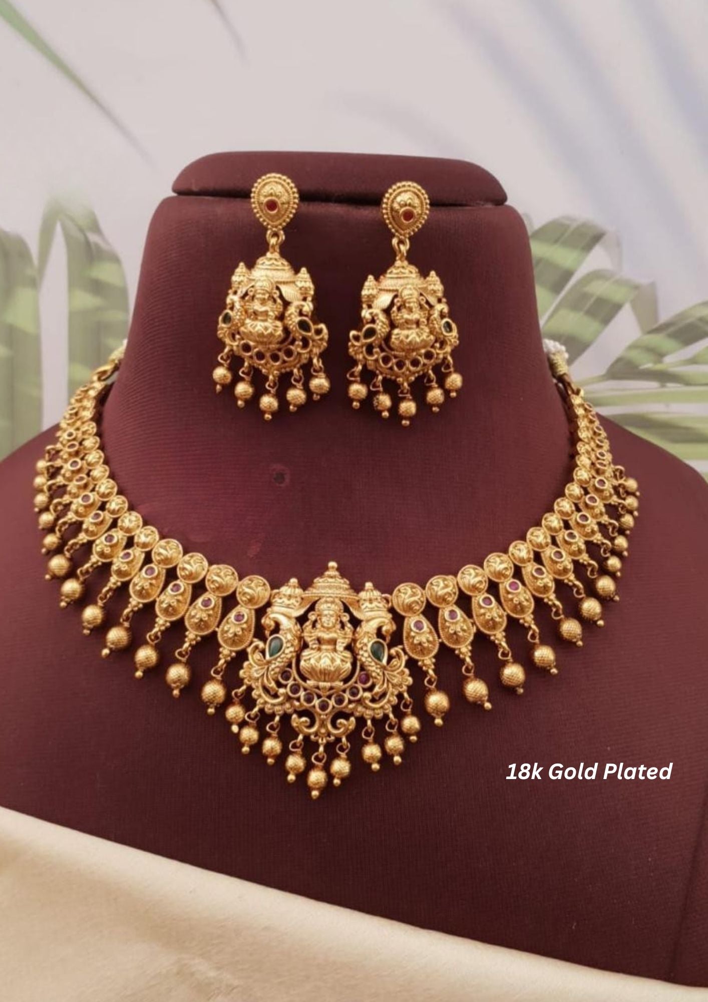 Kundan beads temple jewelry gold plated necklace with earrings