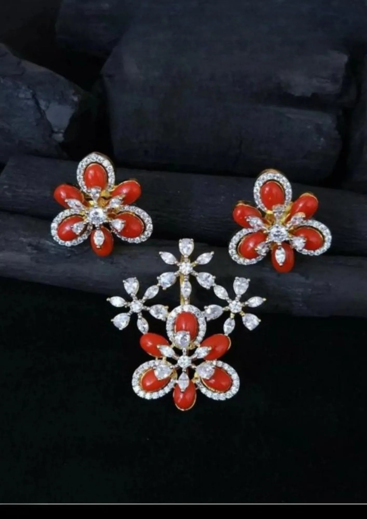 American diamond floral pendent set with earrings