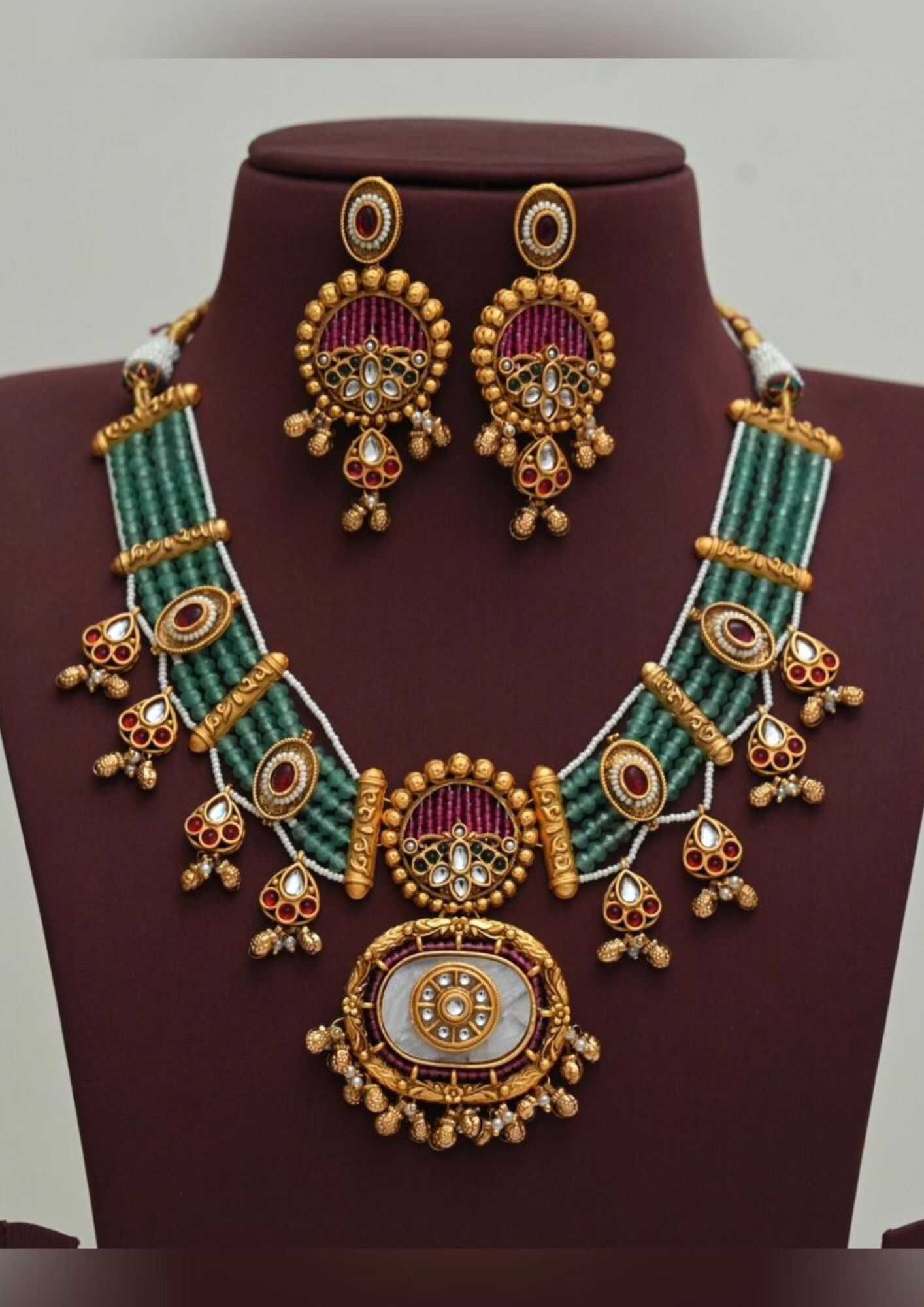 Kundan moissanite and beads 18k gold platted necklace with earrings