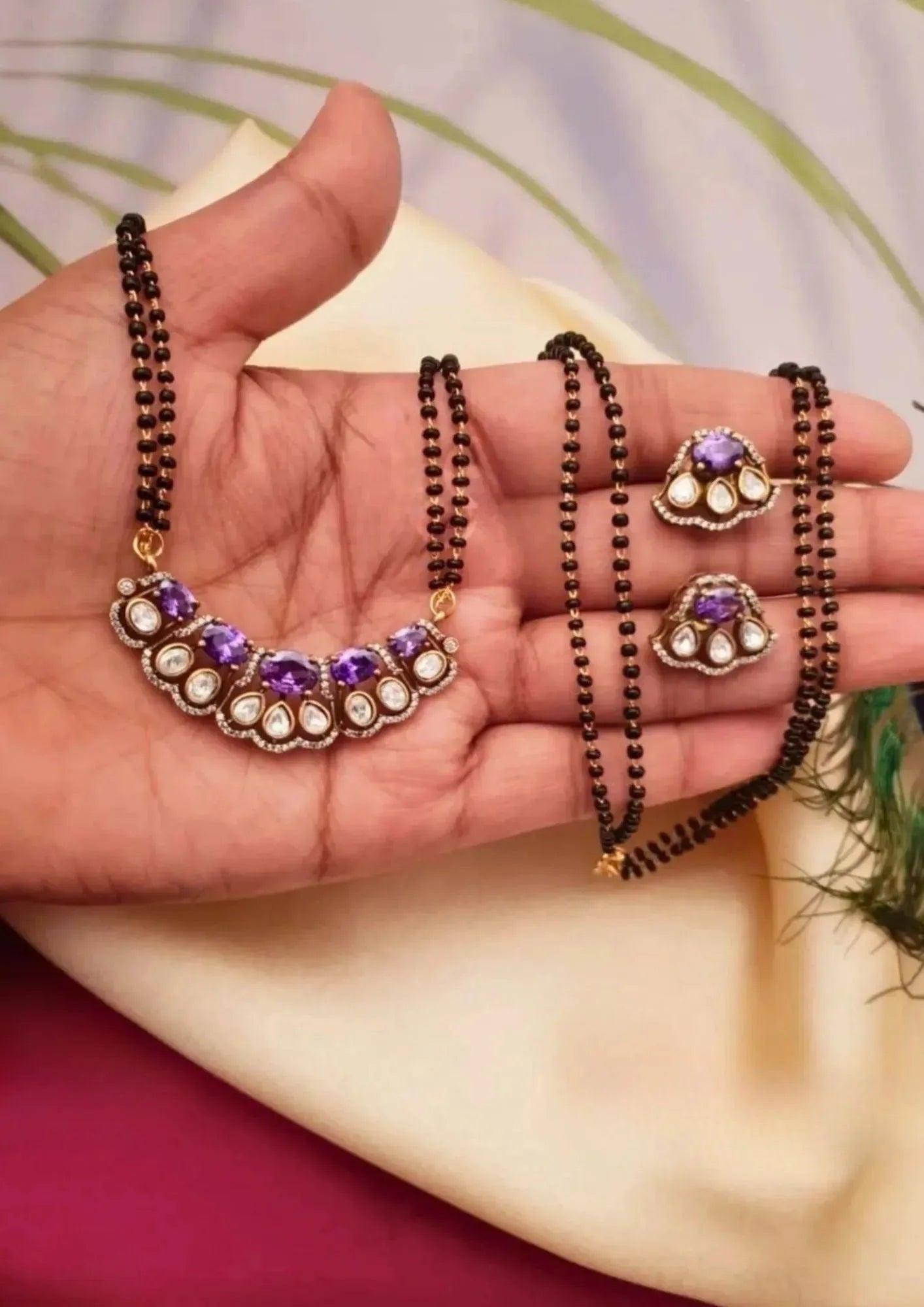 Kundan stone black beads gold plated mangalsutra set