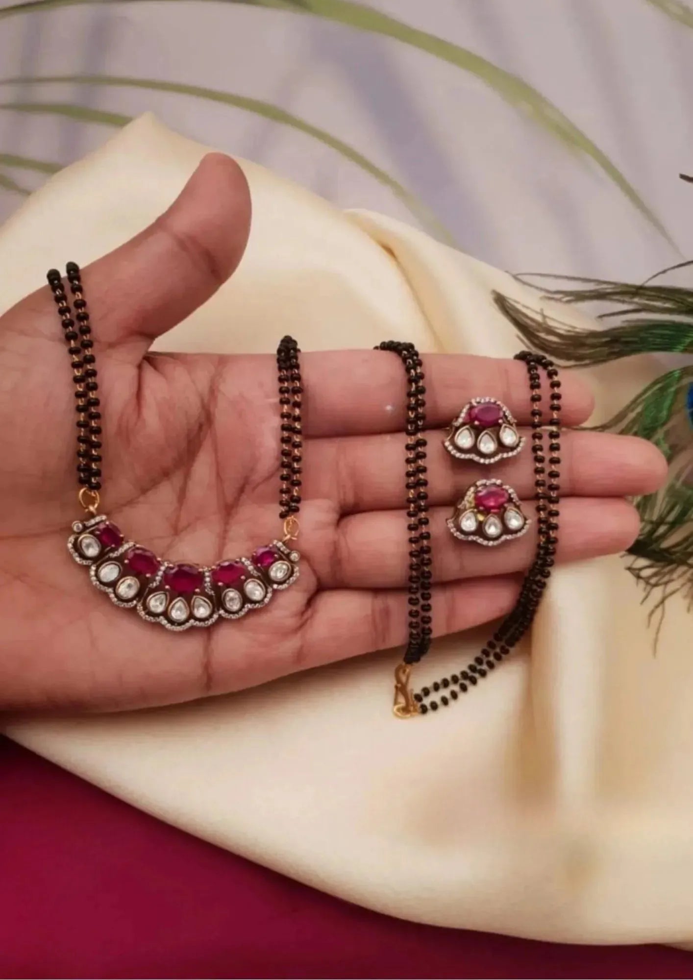 Kundan stone black beads gold plated mangalsutra set