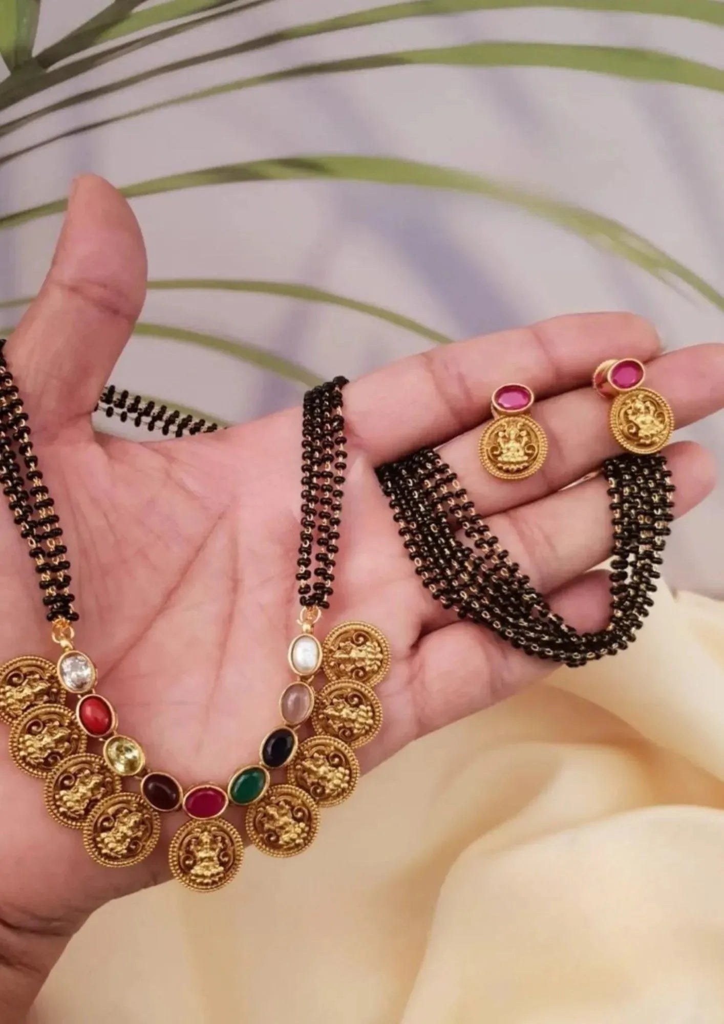 Kundan stone black beads gold plated temple jewellery mangalsutra set