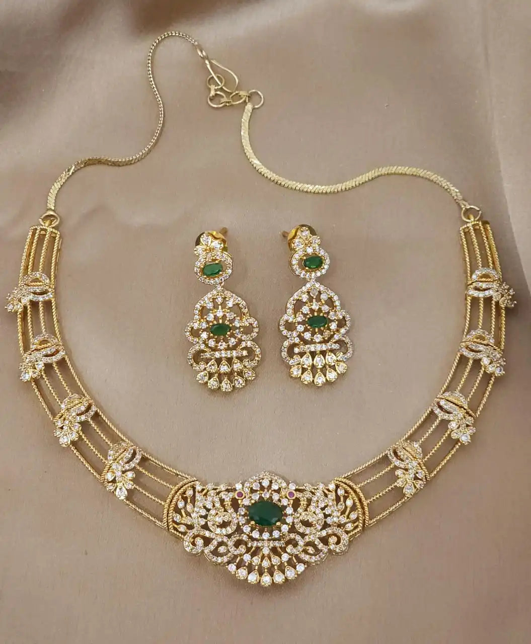 American diamond stone 18 k gold plated necklace with earrings