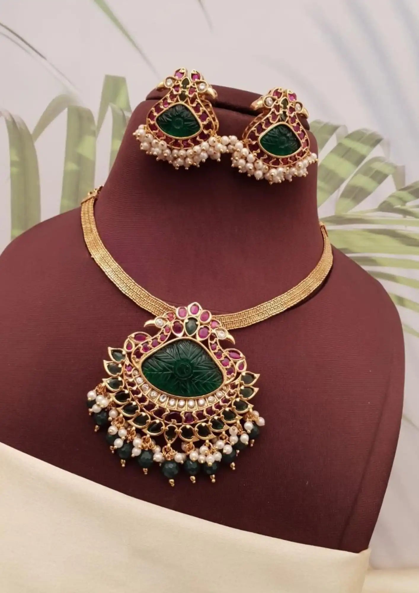 Jadau kundan carving stone design 18k gold plated detachable pendent necklace with earrings