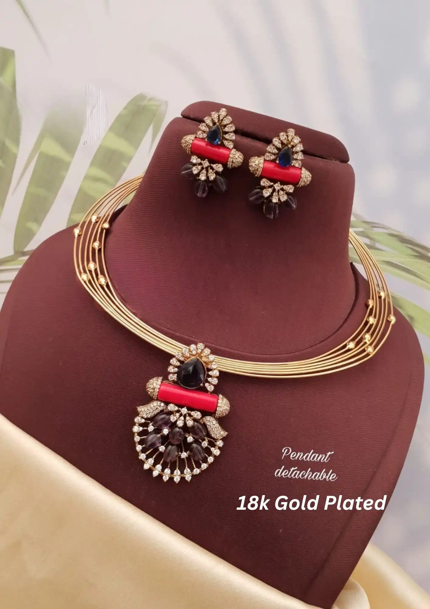 Kundan stone detachable pendant necklace with earrings