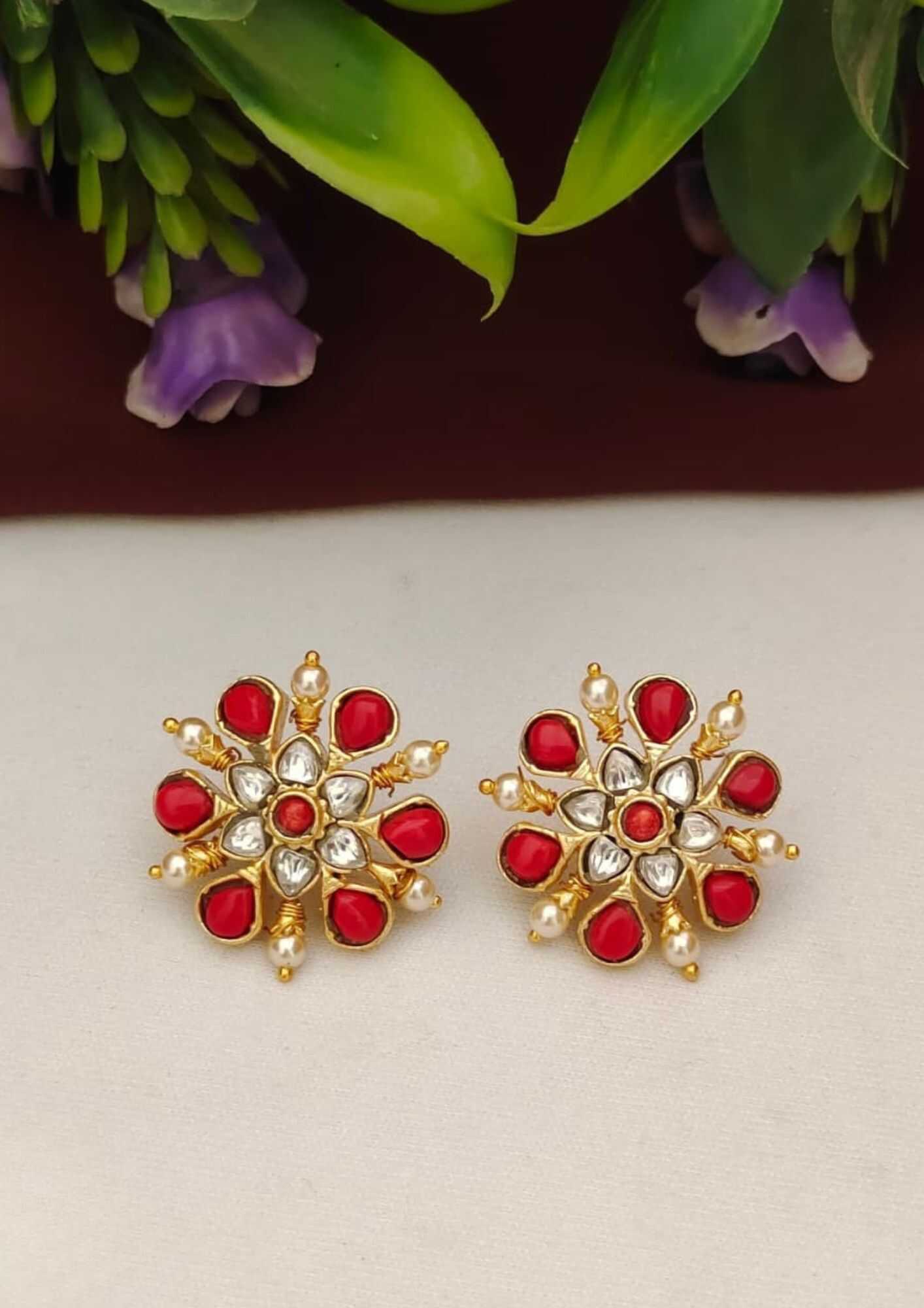 Moissanites and corals floral design earrings