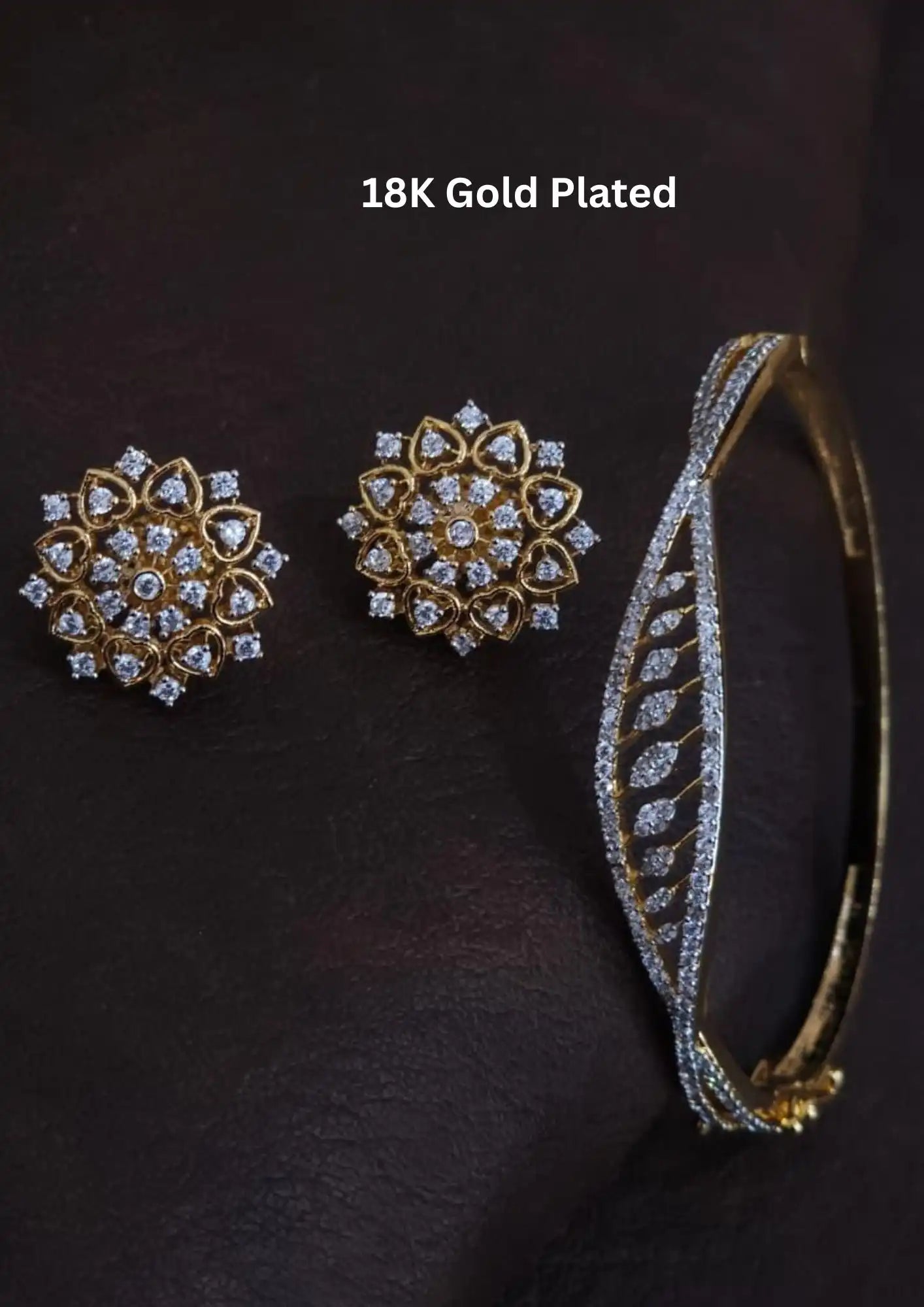 Pure Zirconian Diamond Gold Plated Openable Bracelet And Studs Combo