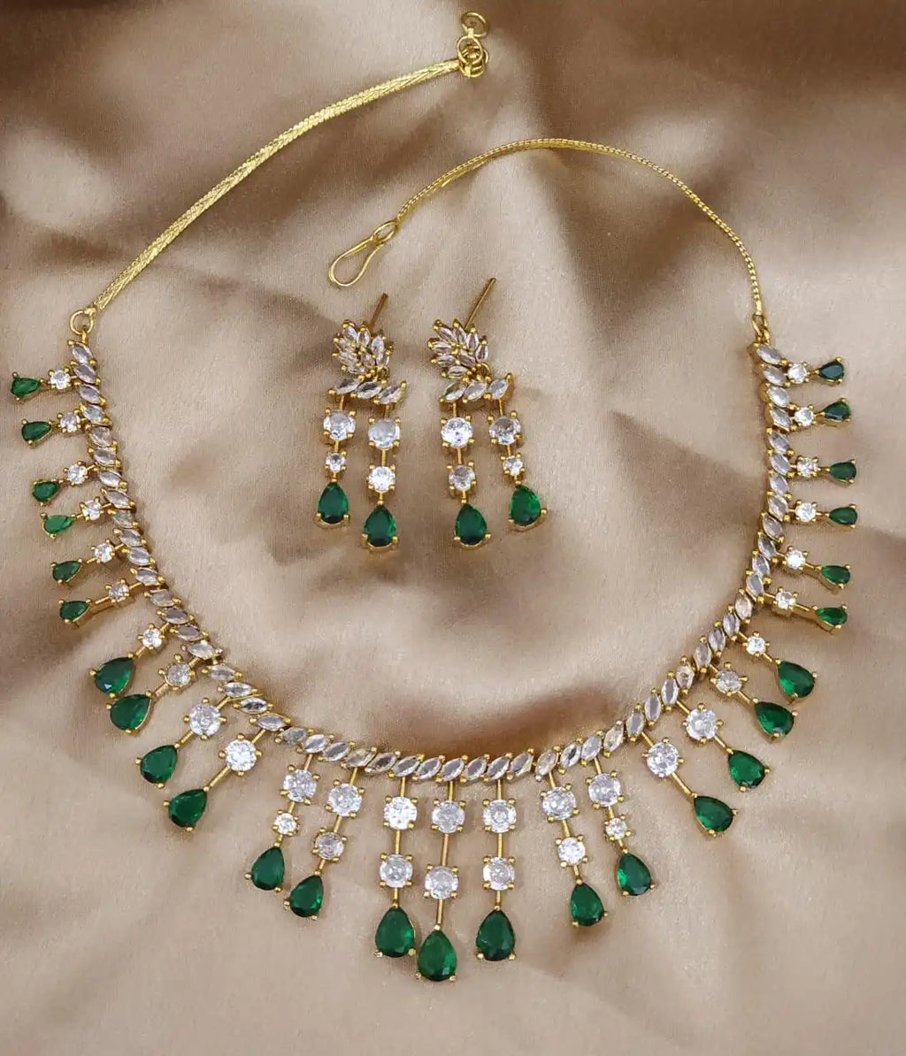 American diamond stone 18 k gold plated necklace with earrings