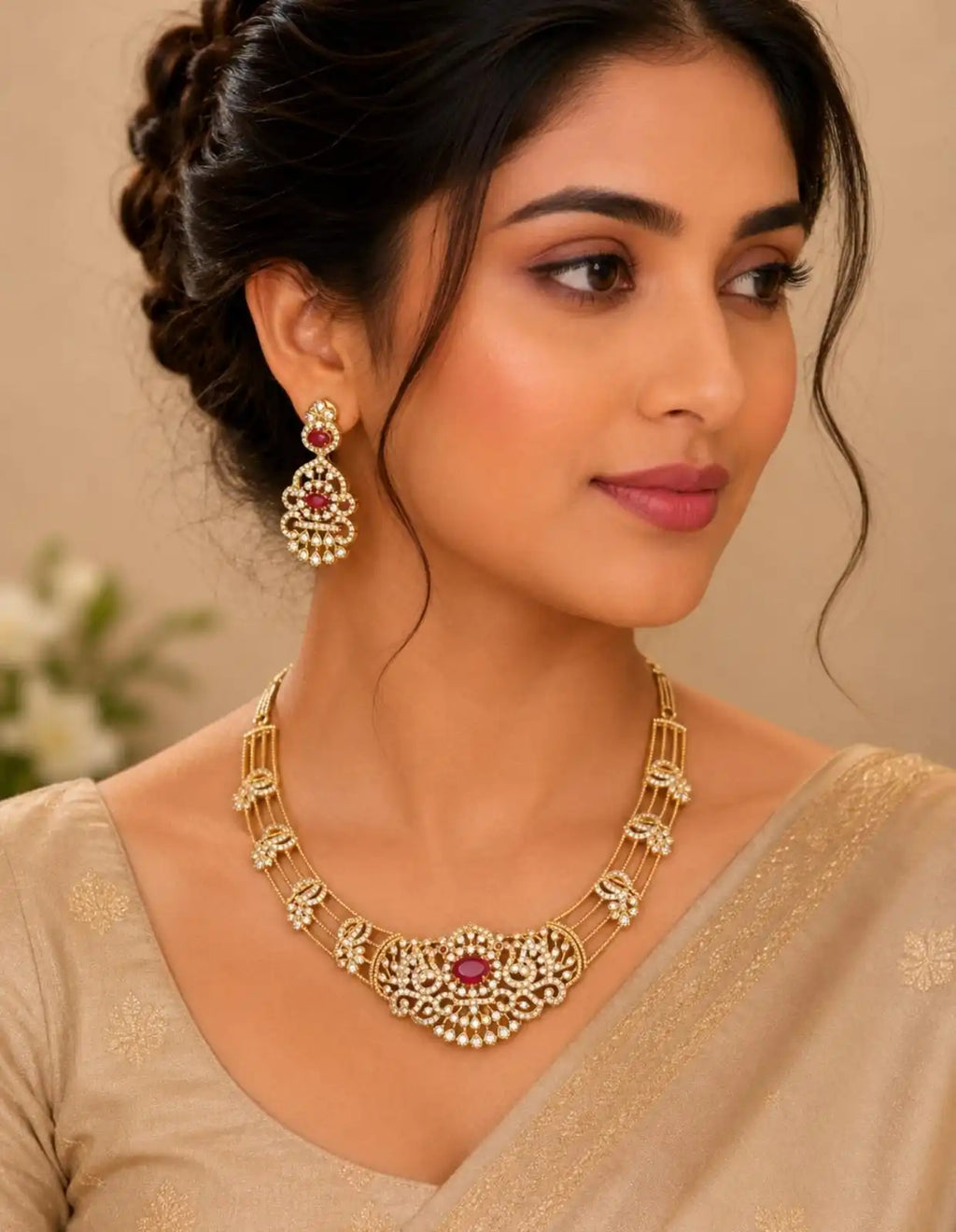 American diamond stone 18 k gold plated necklace with earrings