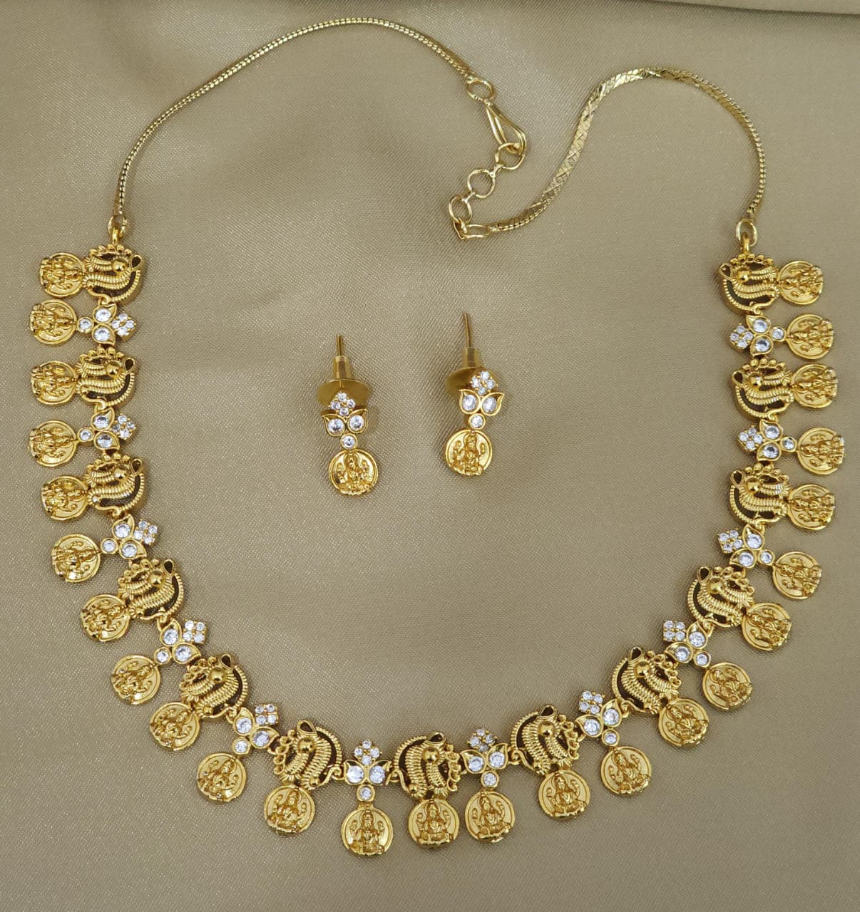 American diamond 18k gold plated temple jewellery necklace with earrings