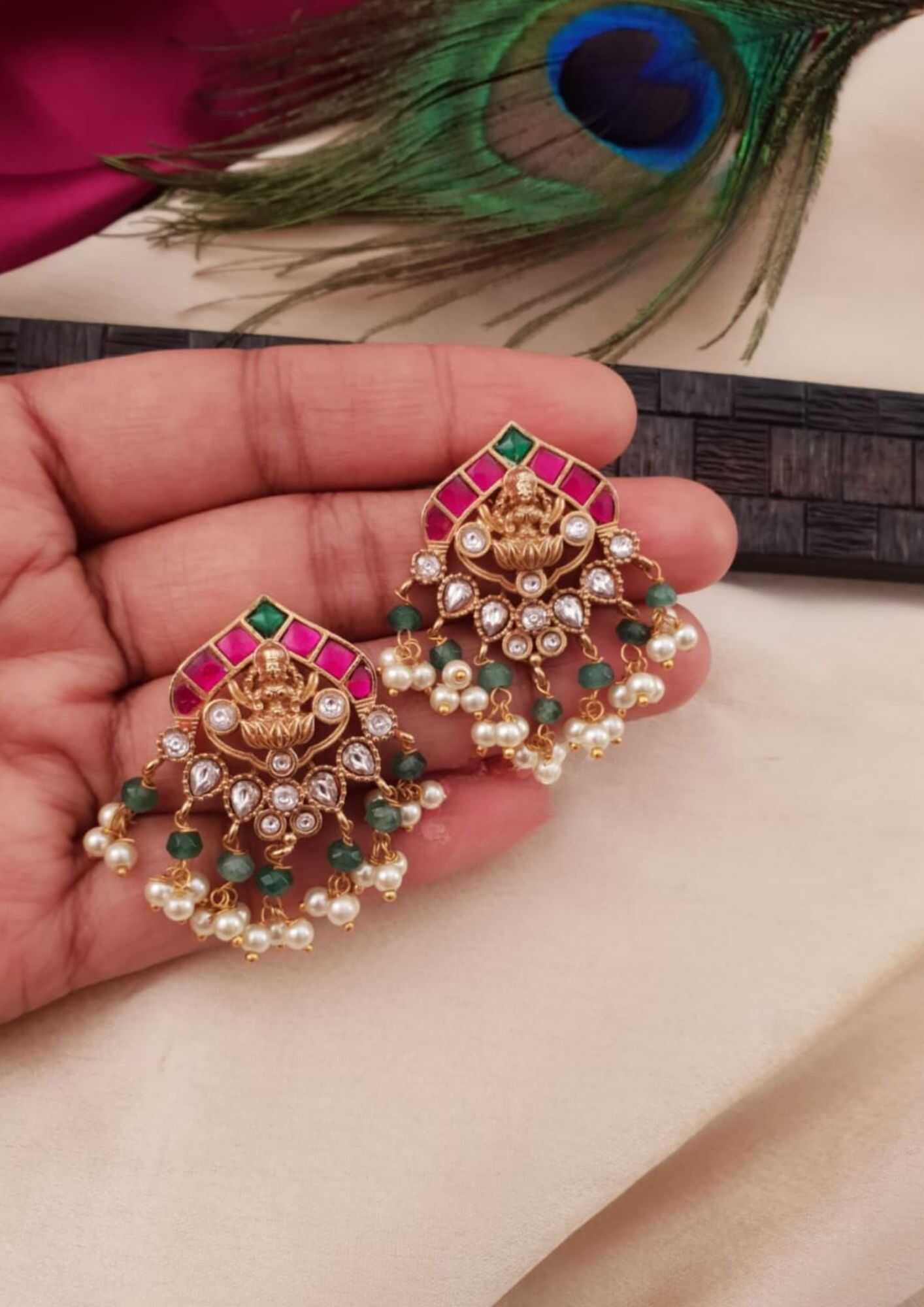 Jadau kundan stone temple jewellery earrings
