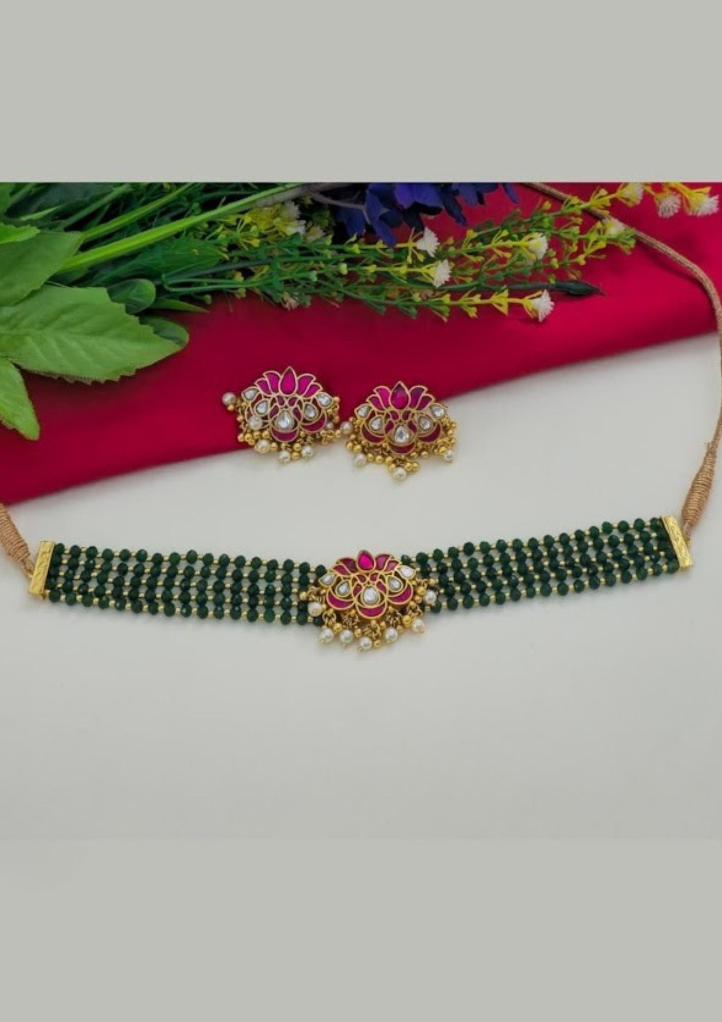 Jadau kundan and beads lotus design necklace with earrings