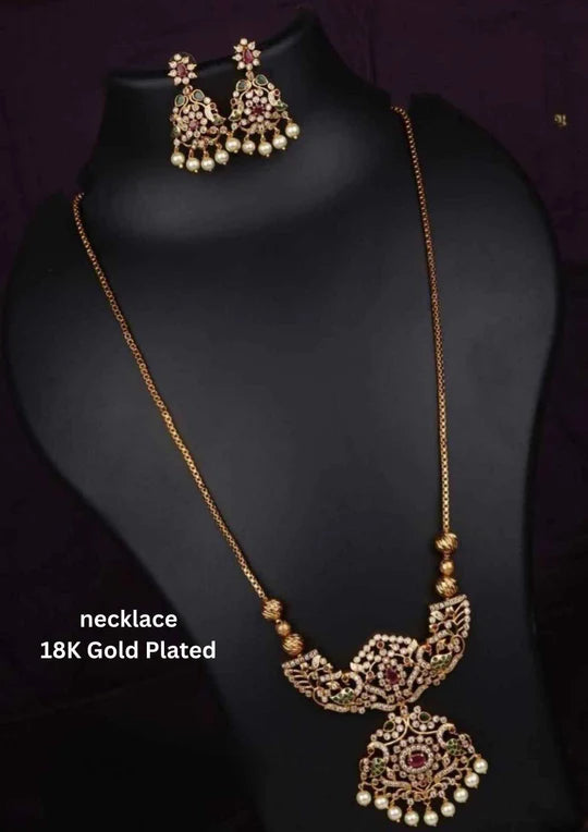 Kundan Gold Plated Long Pearl Drop Necklace With Earrings