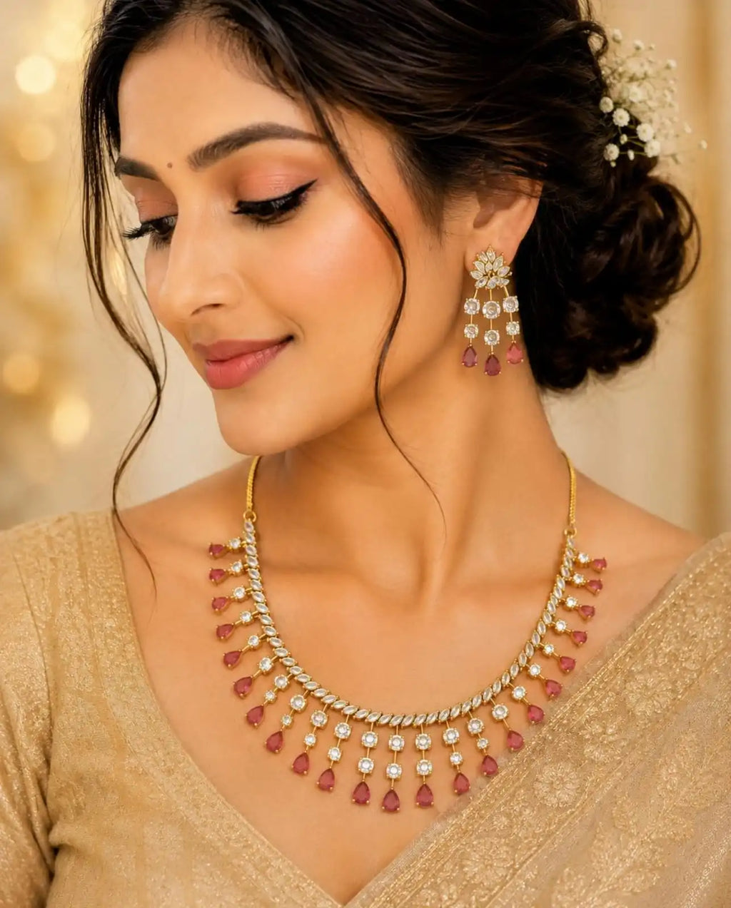 American diamond stone 18 k gold plated necklace with earrings