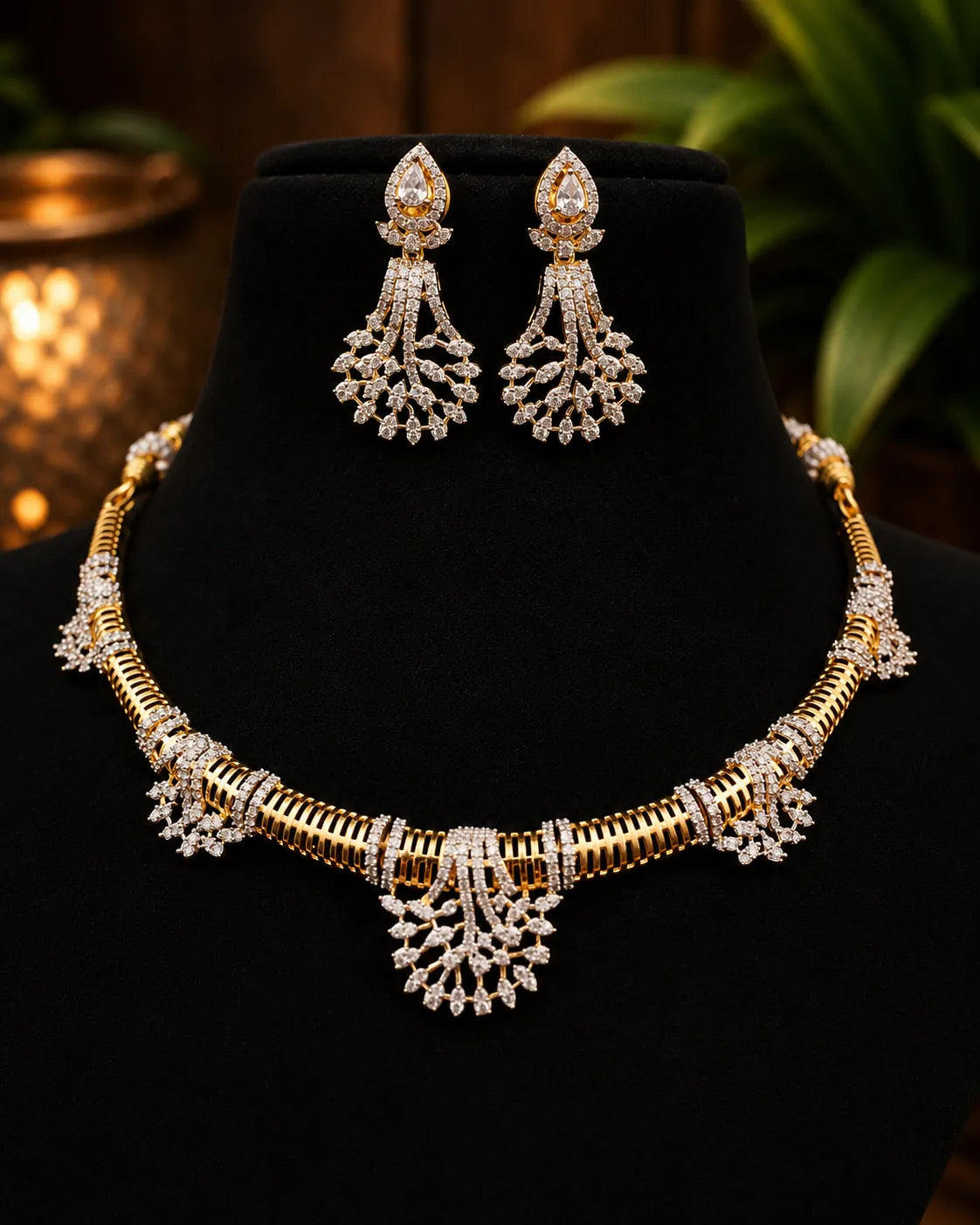 American diamond gold plated necklace with earrings