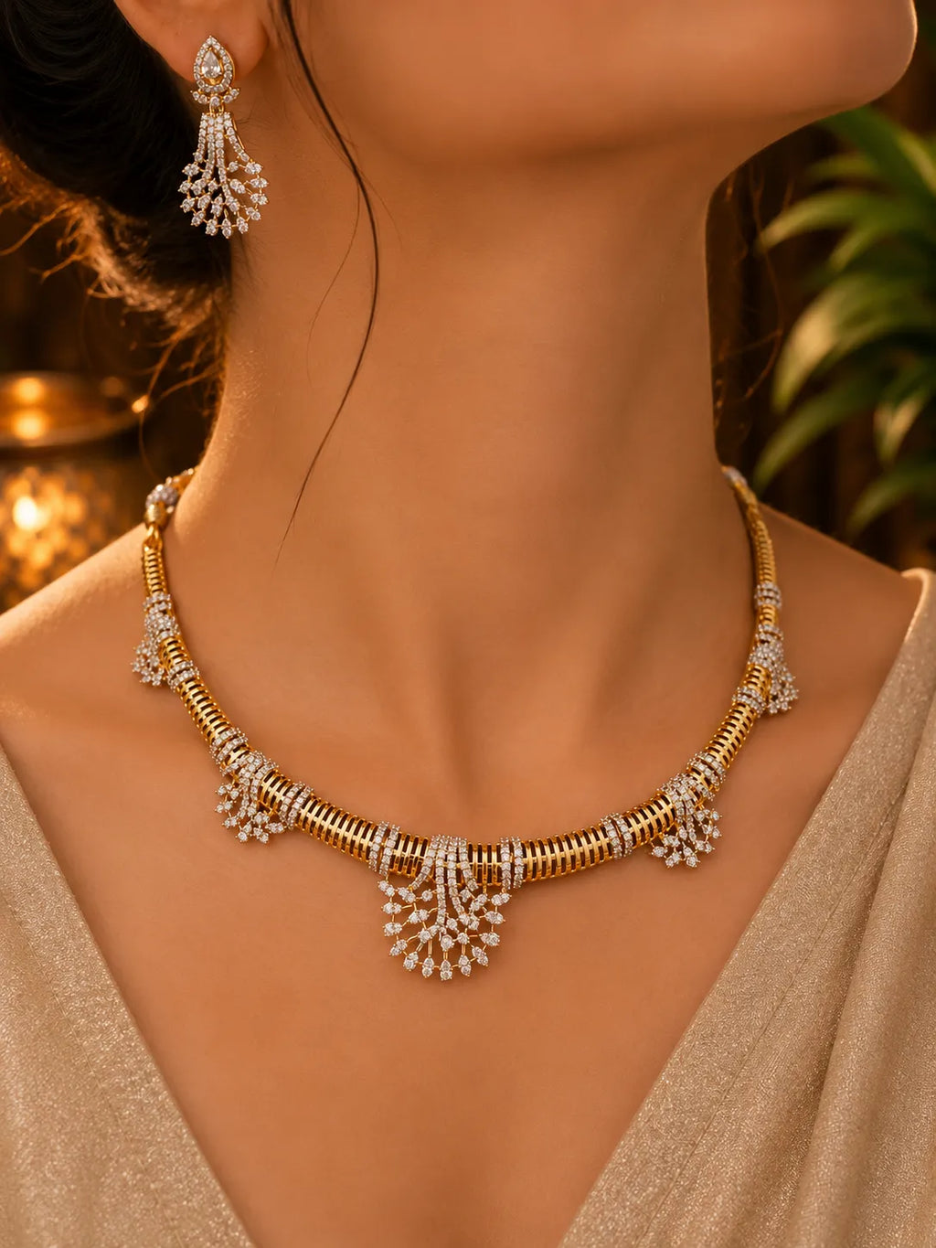 American diamond gold plated necklace with earrings