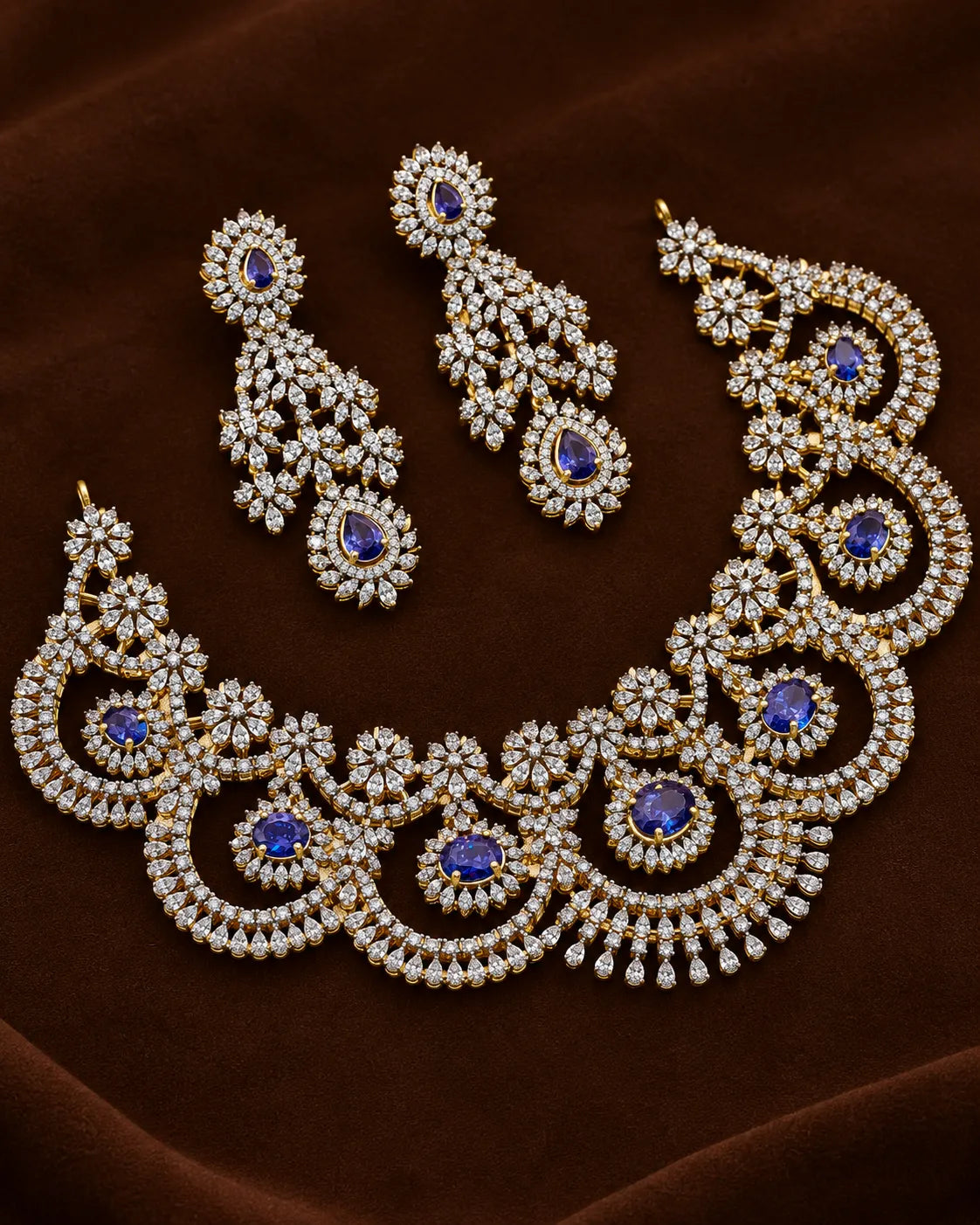 American diamond stones 18k gold finish necklace choker with earrings