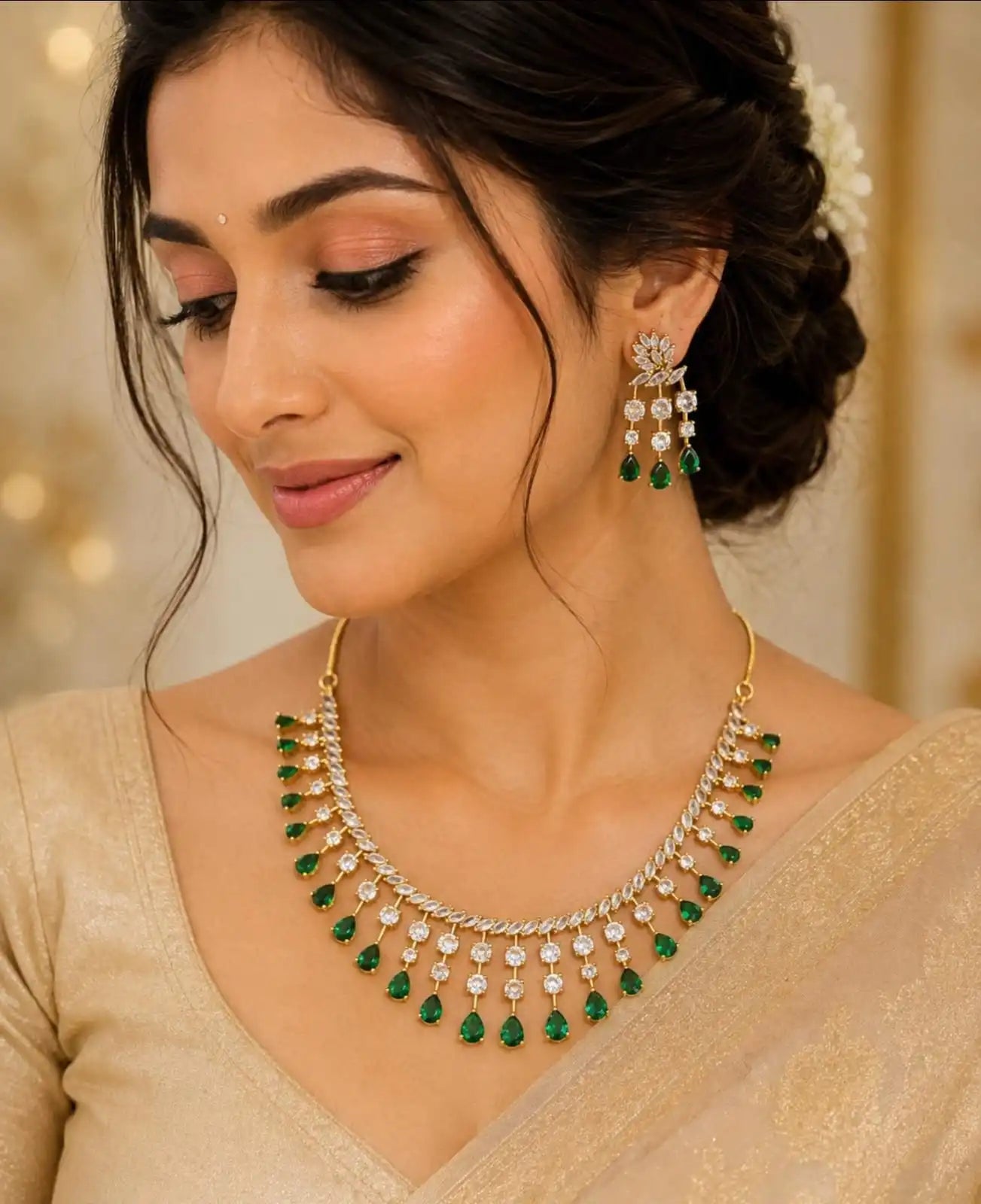 American diamond stone 18 k gold plated necklace with earrings