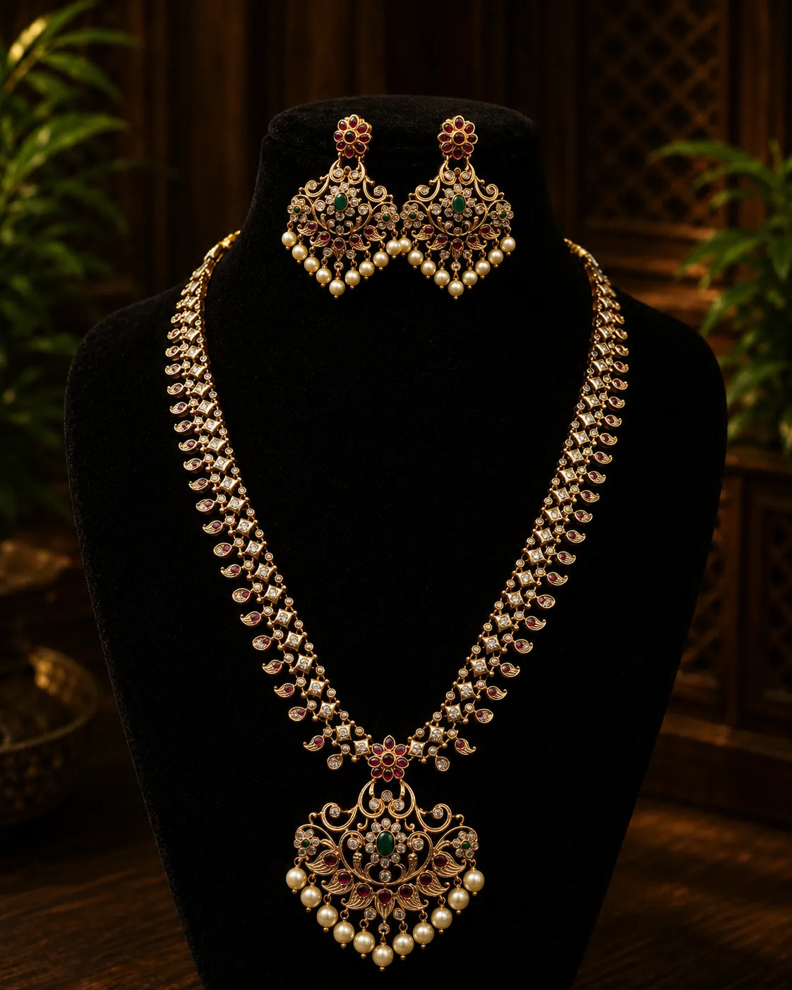Kundan stone gold plated necklace with earrings