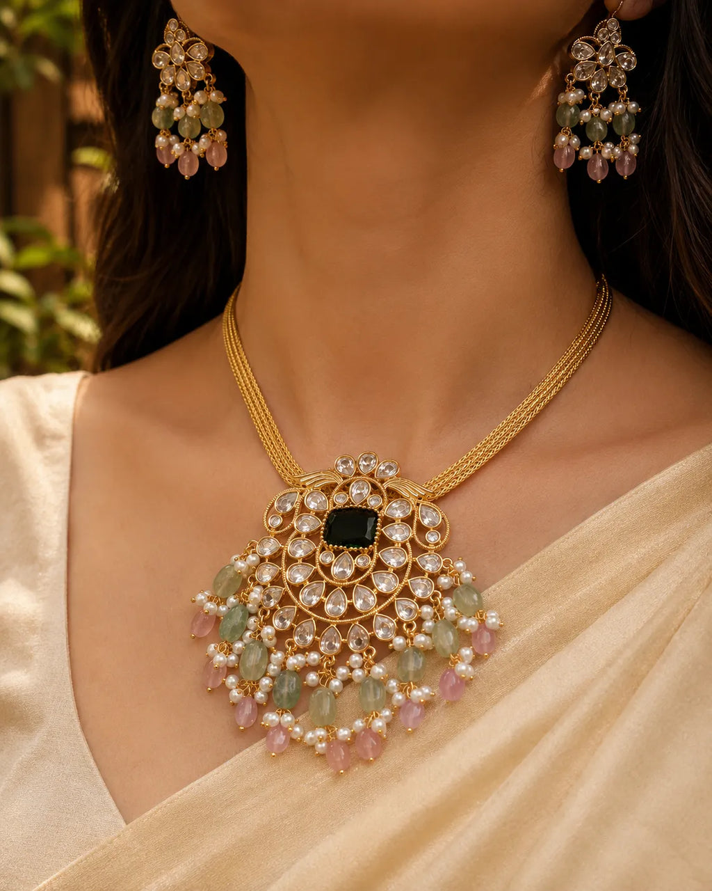 Kundan beads gold plated necklace with earrings