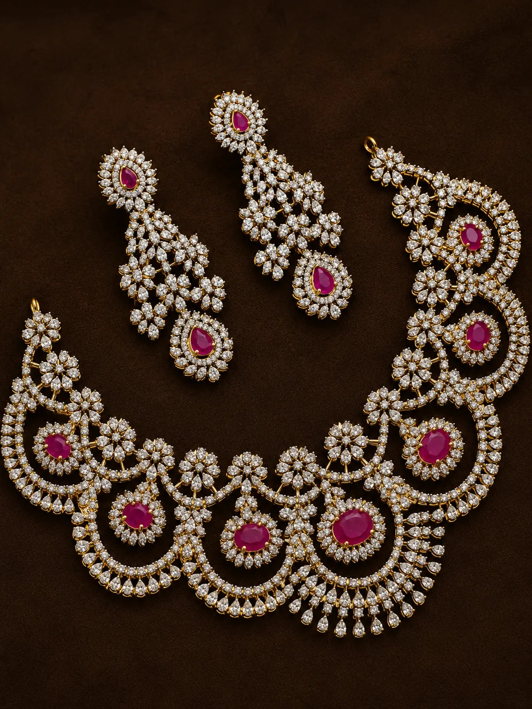 American diamond stones 18k gold finish necklace choker with earrings