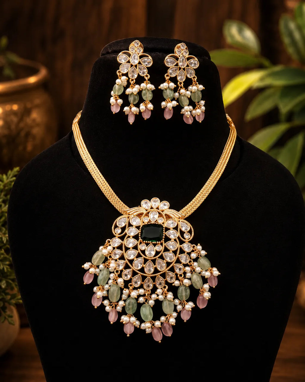Kundan beads gold plated necklace with earrings