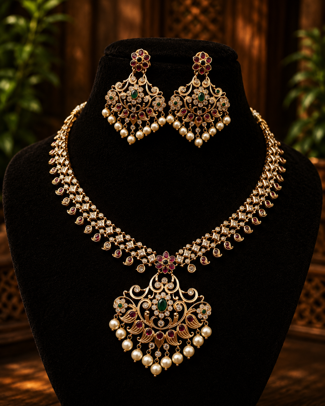 Kundan stone gold plated necklace with earrings