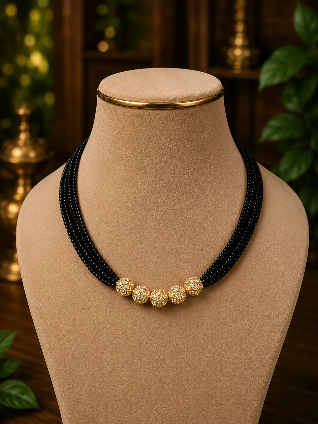 Kundan stones 18k gold plated temple jewellery black beads mangalsutra